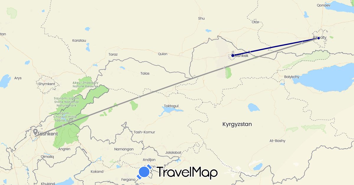 TravelMap itinerary: driving, plane in Kyrgyzstan, Kazakhstan, Uzbekistan (Asia)